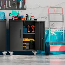 2 Door Tool Cabinets For Garage, Lockable Garage Storage Cabinet, Locking Metal Storage Cabinet With Wheels, Rolling Tool Chest, Assembly Required H34*W30.3*D18 - màu đen - Xem 8
