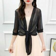 1Pc Glitter Tie Up Open Front Shrug Ladies Shawl Cropped Beach Summer Sun Protection Clothing Air-Conditioning Shirt
