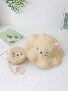 2pcs  Girls Cartoon Graphic Straw Bag With Straw Hat Beige For Vacation Travel - Beige - View 1