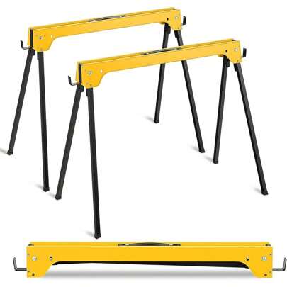 2 Pack Folding Sawhorses, Portable Scaffolding Trestles With Comfortable Handle And Removable 2 X 4 Support Arms, 600kg Weight Capacity Per Sawhorse, No Assembly Required (Yellow)
