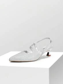 Women's Low Kitten Heels Slingback Adjustable Strap Pointed Closed Toe Pumps For Comfort Wedding Dress Prom Shoes - Bạc - Xem 2