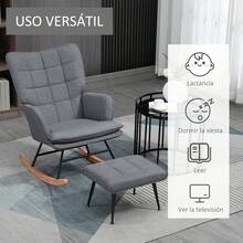 HOMCOM Silla Mecedora con Reposapiés Sillón de Relax Silla Ocio con Cojín Acolchado y Antivuelco Carga 130 kg para Salón Dormitorio Balcón 64x89x90 cm Gris - Gris - Ver 5
