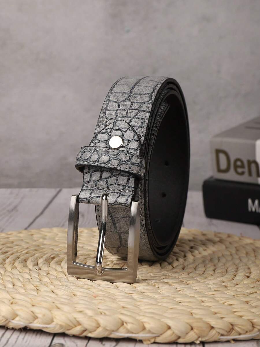 1 入組男士灰色方形金屬扣PU皮帶，適合日常穿著，為褲子增添裝飾 - 灰色 - 查看 1