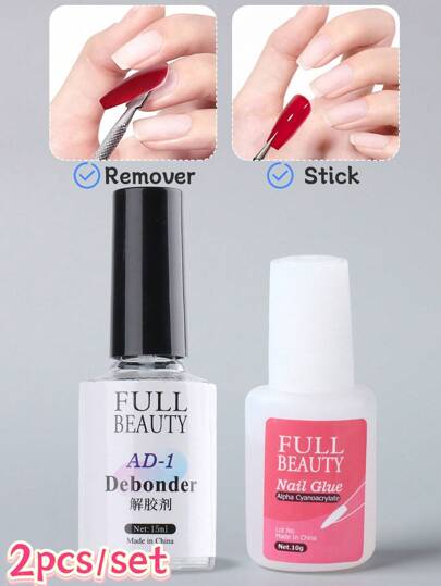 2 件/套 10 克透明假指甲膠拋光劑 + 指甲膠脫粘劑（去除快速溶解液）,假指甲尖膠帶刷,延伸和加固膠裝飾凝膠快乾美甲工具除膠劑套裝