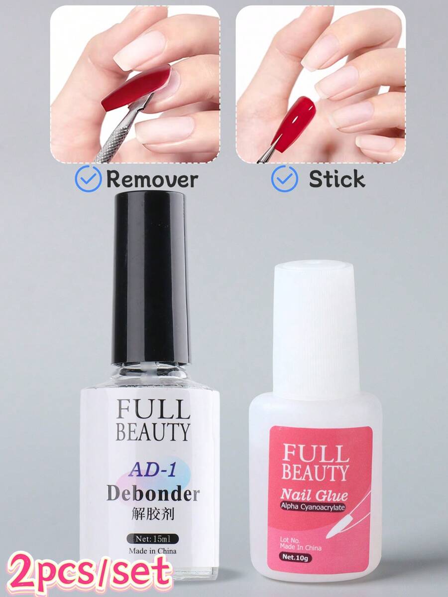 2 件/套 10 克透明假指甲膠拋光劑 + 指甲膠脫粘劑（去除快速溶解液）,假指甲尖膠帶刷,延伸和加固膠裝飾凝膠快乾美甲工具除膠劑套裝 - 彩色 - 查看 1