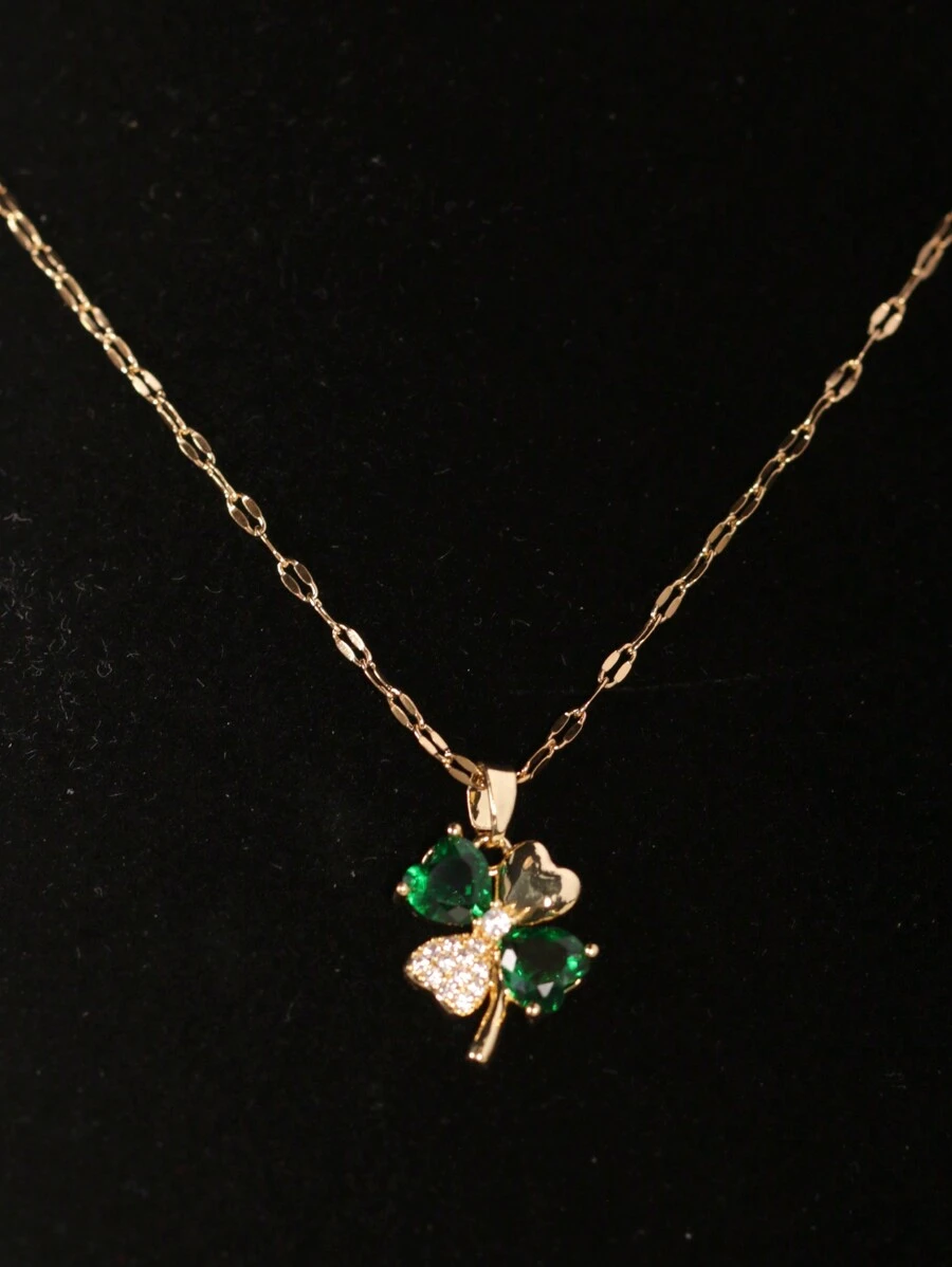 1 件不鏽鋼四葉草 18k 鍍金項鍊,帶有四個綠色方晶鋯石心形吊墜,適合女士商務和日常佩戴 - 金黃色 - 查看 1