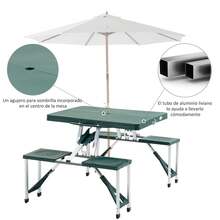 Outsunny Mesa Maleta de Camping Plegable Portátil 4 Asientos y Agujero Sombrilla Estructura Aluminio Playa Picnic 135.5x84.5x66cm (Verde) - Verde - Ver 6