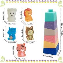 11pcs Kids' Stacking Blocks And Animal Finger Puppets Soft Rubber Toys, Early Educational Stacking Game, Squeeze Toys For Baby 6+ Months, Best Gift - Beige - View 2
