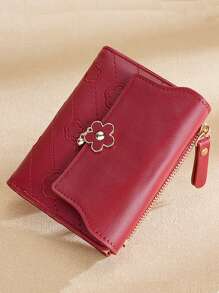 New Arrival Cranberry Red Embroidery Clutch Bag With Clover Pendant Multifunctional Compact Wallet For Women Wallet Purse Wallet Small Wallet - Burgundy - View 2