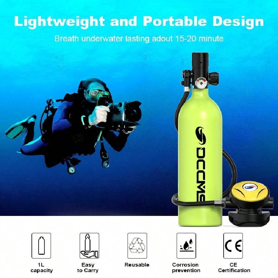 Dccms迷你水肺潛水裝備,配備1l迷你潛水氧氣瓶,可提供15-20分鐘的水下呼吸,便攜式潛水罐套件,適用於水下 - 黑色 - 查看 1