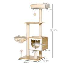PawHut Árbol Rascador para Gatos con Plataforma Altura 126 cm Torre Escalador para Gatos con Hamaca Caseta Cama Postes de Sisal y Bolas para Jugar 48x40x126 cm Beige - Beis - Ver 3