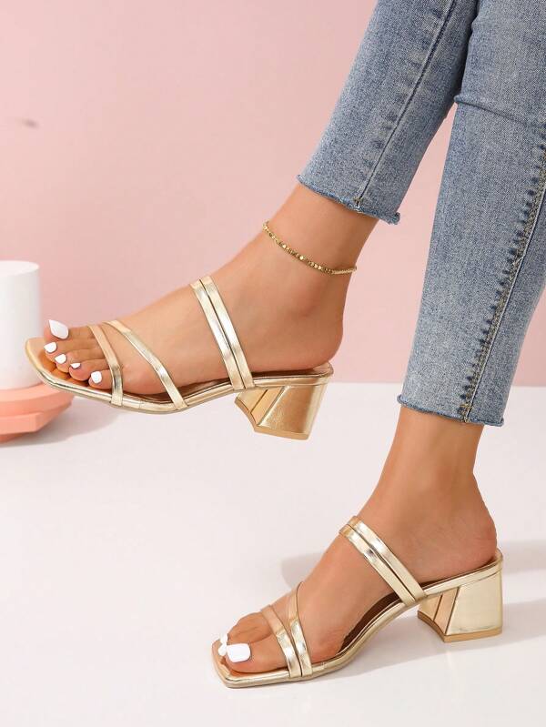 Sandalias De Tacón Alto De Verano Europeas Y Americanas De Estilo Nuevo Para Mujeres, Doradas Con Talón Grueso Y Correas Cuadradas Delanteras