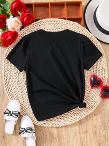 Young Girl's Letter Printed Short Sleeve T-Shirt - Black - View 5
