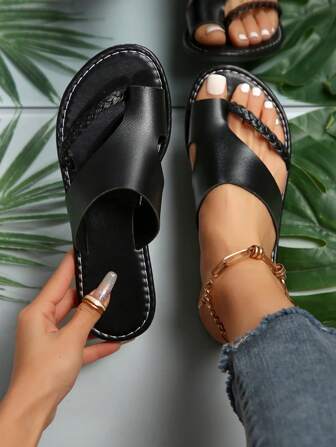 夏季時尚休閒舒適女款平底拖鞋,圓頭低跟戶外室內皆宜