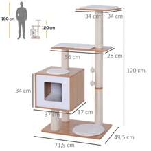 PawHut Árbol Rascador para Gatos de Madera 71,5x49,5x120 cm Torre de Gato con Cueva Plataformas Postes Rascadores de Sisal Cojines de Felpa Suave y Bolas Colgantes - Beis - Ver 7