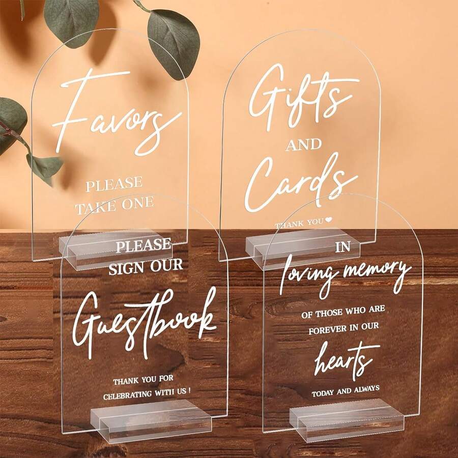 4pcs/Set Clear Acrylic Wedding Signs (5x7 Inch), Including Welcome Sign, Gift Table Sign, Guest Book Sign And Entrance Sign With Stands, For Wedding Ceremony And Reception - Transparent - View 1