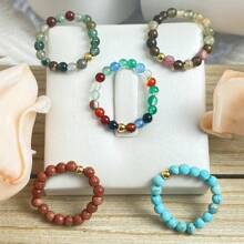 1 Pieza Anillo Elástico Hecho A Mano De 3 Mm De Cuentas De Piedra Natural Con Cuentas De Acero Inoxidable, Accesorio De Joyería Simple Y Elegante Para Uso Diario, Viajes, Festivales