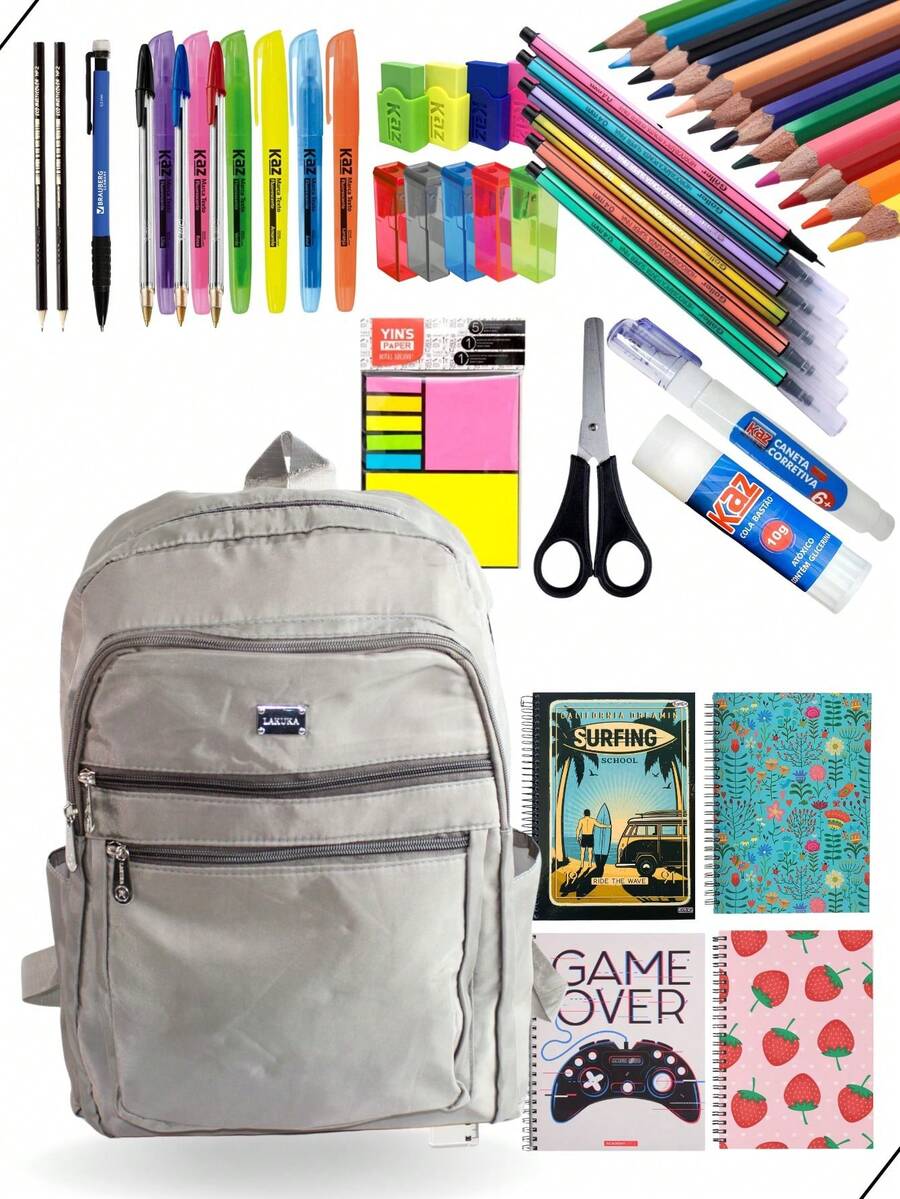 Material Escolar Kit Completo 42 Un Fundamental Médio Facul - Mochila Bege/ Caqui - Caderno Feminino - Visão 1