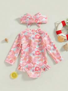 Toddler Baby Girl One-Piece Swimsuit Floral Print Zipper Long Sleeve Ruffled Swimwear Bathing Headban Suit