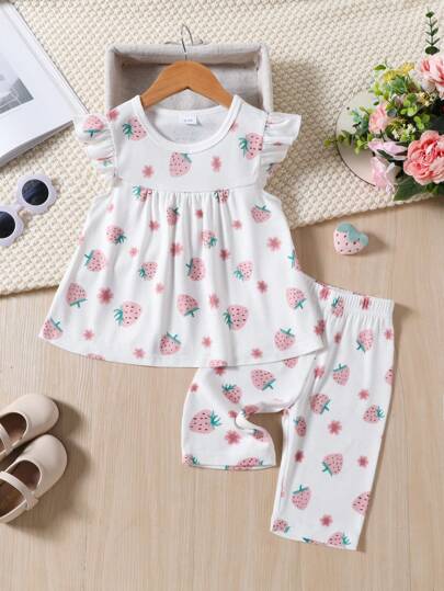 Young Girl Strawberry Print Flutter Sleeve Top And Pants Set