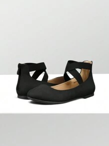Women Flats Elastic Cross Ankle Strap Ballet Flats Back Zipper Comfortable Dress Commuting Elegant Flats Shoes - 黑色 - 查看 8