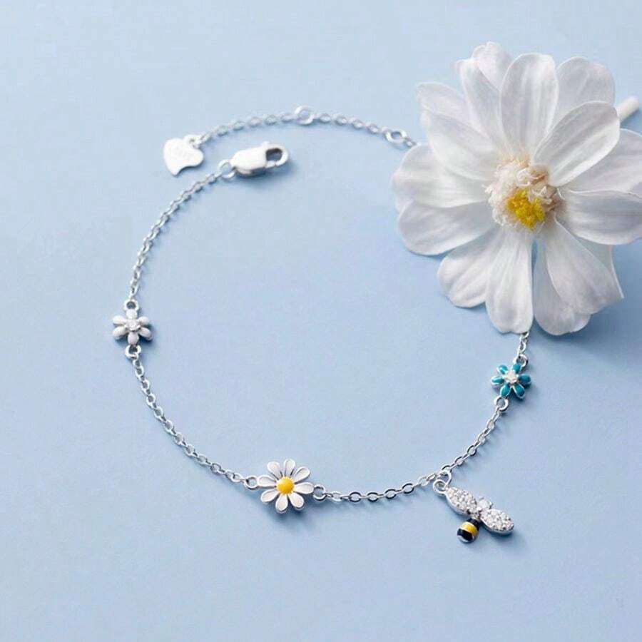 925 纯银花卉和蜜蜂手链，甜美雏菊花形设计，镶嵌方晶锆石，是送给家人和朋友的优雅礼物 - 銀色 - 查看 1