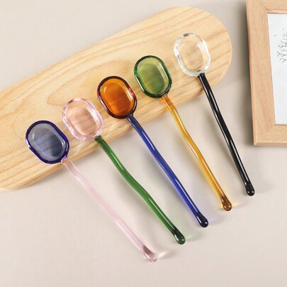 1pc Straight Handle Colored Transparent Glass Spoon (Pink/Green/Blue/Yellow/Black), Milk & Dessert Spoon, High Temperature Resistant, Cute Long Handle Coffee Stirring Spoon School Supplies Back To School