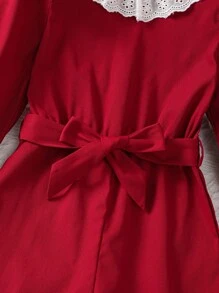 紅色年輕女孩接頭花邊連身褲，後綁帶設計 - 酒紅色 - 查看 3