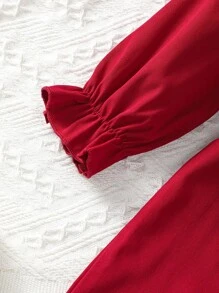 紅色年輕女孩接頭花邊連身褲，後綁帶設計 - 酒紅色 - 查看 4