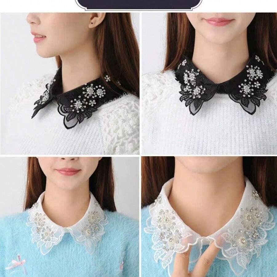 1入組紗質假領子、手工珠飾領子,時尚多功能可拆卸領子,適用於服裝 - 黑色 - 查看 1