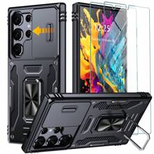 Unbeinst 兼容三星Galaxy S24 Ultra手機殼，S24 Ultra手機殼內置滑動相機蓋和可旋轉踏板環[附2個屏幕保護貼]，防震保護手機殼，與三星S24 Ultra兼容 - 黑色 - 查看 1
