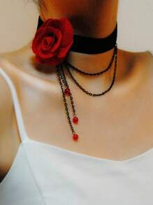1pc Cross-Border Style Flower & Chain Decor Necklace - Red - View 1