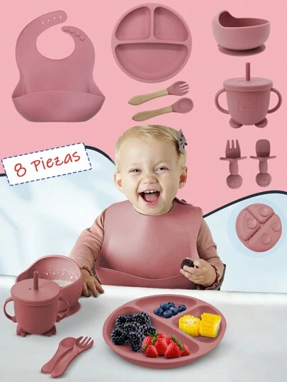 Set 8pcs Kit Para Comida Para Bebés Babero Cuenco De Silicona Cubiertos