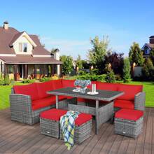 7 PCS Patio Rattan Dining Set Sectional Sofa Couch Ottoman Garden White\Red\Black - Đỏ - Xem 3