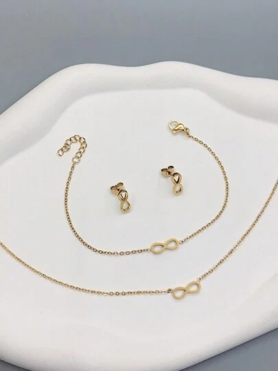 4pcs/Set Bohemian Style Women's Minimalist 18K Gold Plated Stainless Steel Number 8 Necklace, Bracelet, Earrings Jewelry Set, Birthday, Valentine's Day, Party, Holiday, Ball Accessory Gift, Mother's Day Gift