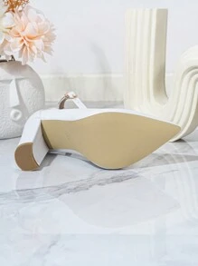 纯色女士高跟鞋，优雅法式淑女优雅尖头粗跟一脚蹬鞋，韩版不累脚，欧美风镂空低鞋面高跟鞋 - 白色 - 查看 7