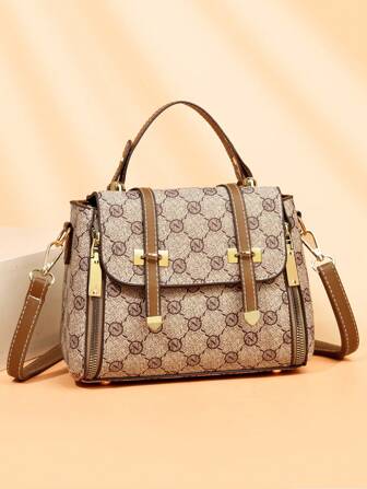 Borsa a mano di stile alla moda con pattern, borsa da donna di mezza età con grande capacità, forma a freccia doppia, borsa a spalla e borsa a mano, stile vecchio denaro per donne alla moda