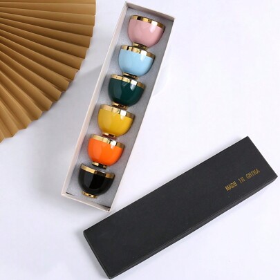 6pcs/Set Rainbow Colored Ceramic Cups, Arabic Espresso Cup/Tea Cup/Drinkware/Coffee Cup, Gold Trim, 100ml Capacity, Creative Gift Packaging