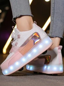 女童四輪旋轉按鈕滾輪鞋，方便扣環帶和勾環設計，適用於戶外運動和休閒鞋。這些LED滾輪鞋有兩種穿法，配備USB充電功能，共11種閃爍模式，7種顏色，展現令人驚嘆的視覺效果。 - 粉色 - 查看 4