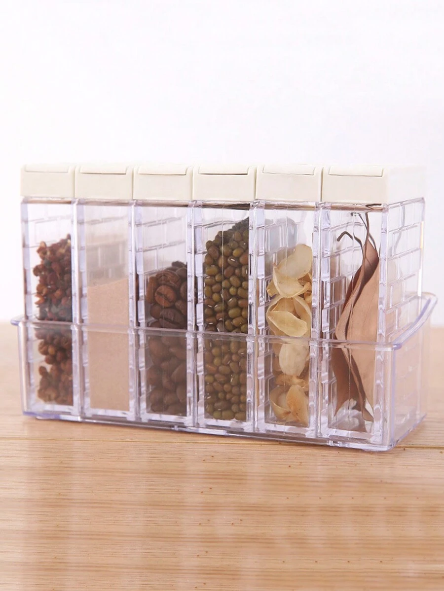 XI GE Transparent Dual-Opening Kitchen Spice Jar Set Of 6 With 3-Side Locking Lid And Tray - White - View 1