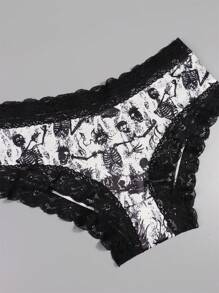 Morvia 4 Piezas De Bragas De Cintura Baja Góticas Con Encaje De Contraste, Bragas Íntimas Con Impresión De Calaveras Y Esqueletos Para Mujeres, Ropa Interior Y Lencería
