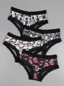 Morvia 4 Piezas De Bragas De Cintura Baja Góticas Con Encaje De Contraste, Bragas Íntimas Con Impresión De Calaveras Y Esqueletos Para Mujeres, Ropa Interior Y Lencería