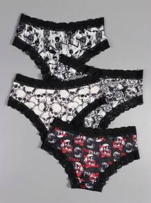 Morvia 4 Piezas De Bragas De Cintura Baja Góticas Con Encaje De Contraste, Bragas Íntimas Con Impresión De Calaveras Y Esqueletos Para Mujeres, Ropa Interior Y Lencería