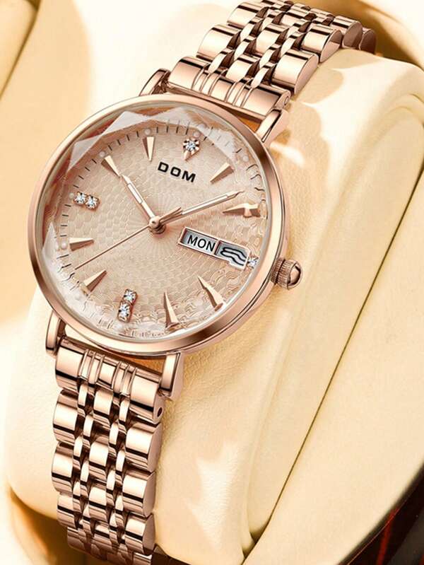 DOM 1pc Women's Rose Gold Stainless Steel Strap Fashion Elegant Quartz Watch With Calendar & Week Display, Waterproof, Suitable Gift Box For Girlfriend