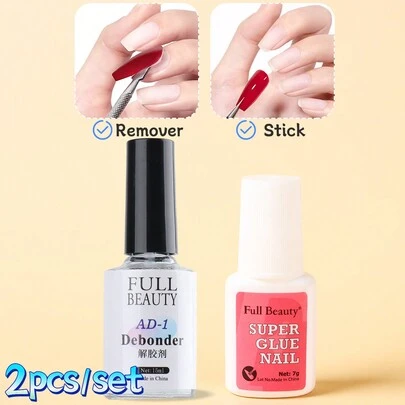 2件/套 透明假指甲胶水+指甲胶水卸除剂（快速溶解卸除液），假指甲贴片粘合剂带刷子，延长加固胶水装饰凝胶速干美甲工具胶水卸除套装