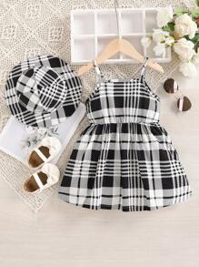 Baby Girl 2pcs Casual Gingham Print Dress With Hat Set For Summer - Black - View 2