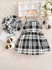 Baby Girl 2pcs Casual Gingham Print Dress With Hat Set For Summer - Black - View 1