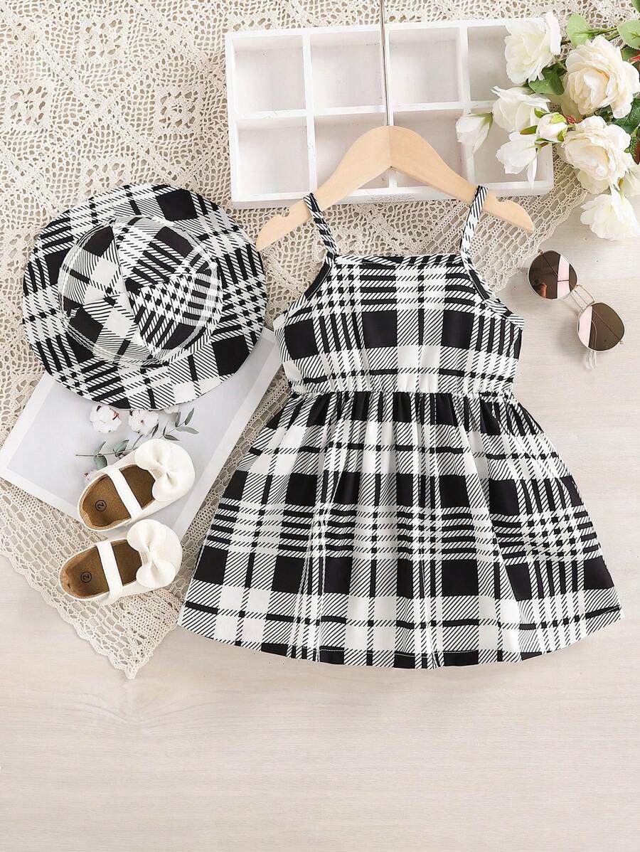 Baby Girl 2pcs Casual Gingham Print Dress With Hat Set For Summer - Black - View 1