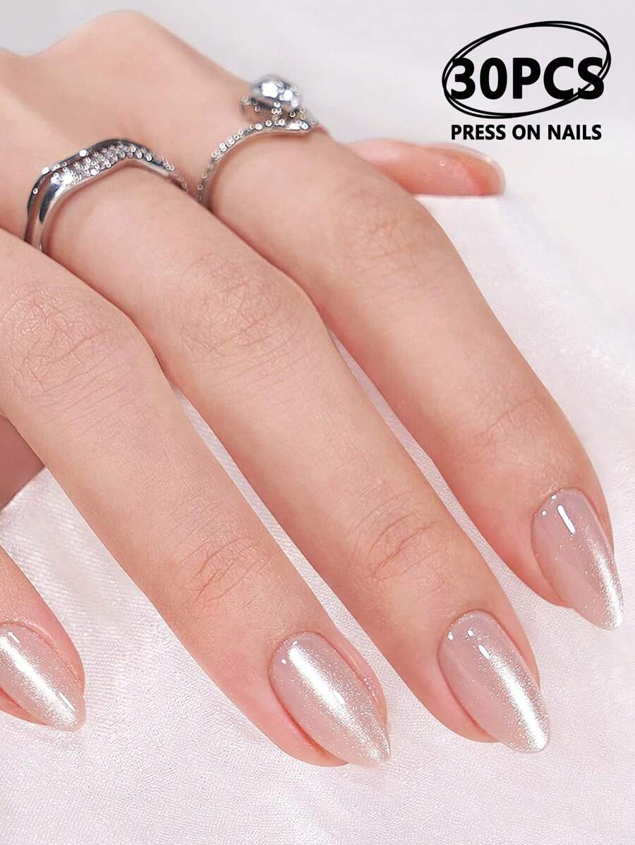 30片杏仁形闪粉美甲贴纸套装，包含1个指甲锉和1瓶果冻指甲油，甜美风格美甲配件及用品