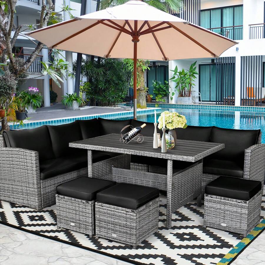 7 PCS Patio Rattan Dining Set Sectional Sofa Couch Ottoman Garden White\Red\Black - Black - View 1